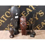 3 LARGE CARVED WOOD AFRICAN HEADS PLUS 3 STICK FIGURES