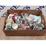 A BOX OF MISCELLANEOUS TO INCLUDE CUTLERY CRESTED SP0ONS TITIAN WARE ETC