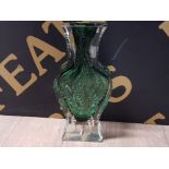 EMERALD GREEN WHITEFRIARS FLATTERNED URN SHAPED VASE WITH TREE BARK DESIGN