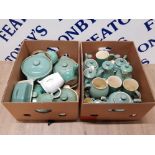 2 BOXES CONTAINING A LARGE QUANTITY OF GREEN MANOR DENBY STONEWARE TABLEWARE INCLUDES TEAPOTS COFFEE