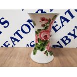 A WEMYSS POTTERY TRUMPET SHAPED VASE WITH CABBAGE ROSE DECORATION 29CM HIGH