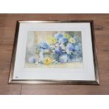 A WATERCOLOUR BY PENNY WARD HYDRANGEAS AND DAISIES 29 X 39.5CM