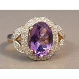 BEAUTIFUL 9CT GOLD AMETHYST AND DIAMOND RING 4.2G SIZE P