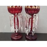 PAIR OF RED VICTORIAN LUSTRE VASES WITH CRYSTAL GLASS DROPS