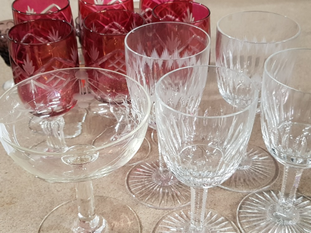LOT OF 4 CRYSTAL CUT WINE GLASSES AND 6 FLASHED RED CUT WINE GLASSES PLUS VARIOUS SHOT GLASSES WHICH - Image 3 of 3