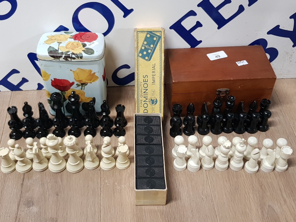 BOXED HAND CARVED CHESS SET AND TIN OF COMPOSITION CHESS PIECES BOTH SETS COMPLETE, PLUS BOXED