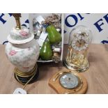 SMALL BOX OF MISCELLANEOUS ITEMS INCLUDES THIMBLES, PEAR SALT AND PEPPER MILLS, TABLE LAMP,