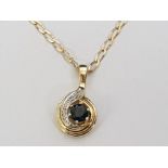9CT YELLOW GOLD SAPPHIRE SOLITAIRE PENDANT ON CURB CHAIN, 4G GROSS