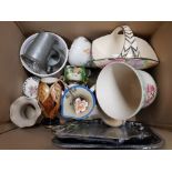 A BOX OF MISCELLANEOUS ITEMS SUCH AS PEWTER TANKARDS ARTHURWOOD BASKET ONYX TRINKET MAYFAYRE JUG