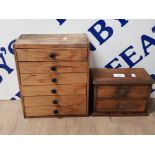 2 MINIATURE CHEST OF DRAWERS 1 FILLED WITH MISCELLANEOUS NAILS SCREWS ETC