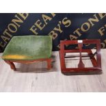 AN EDWARDIAN MAHOGANY BIBLE STAND TOGETHER WITH A MODERN STAINED WOOD FOOT STOOL