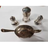 SILVER ITEMS COMPRISING A GLASS LINED MUSTARD WITH SPOON AND THREE SALTS ALL HALLMARKED