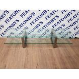 2 TIER GLASS TOPPED ENTERTAINMENT STAND ON TWIN CHROME EFFECT BASES 160CM X 42CM