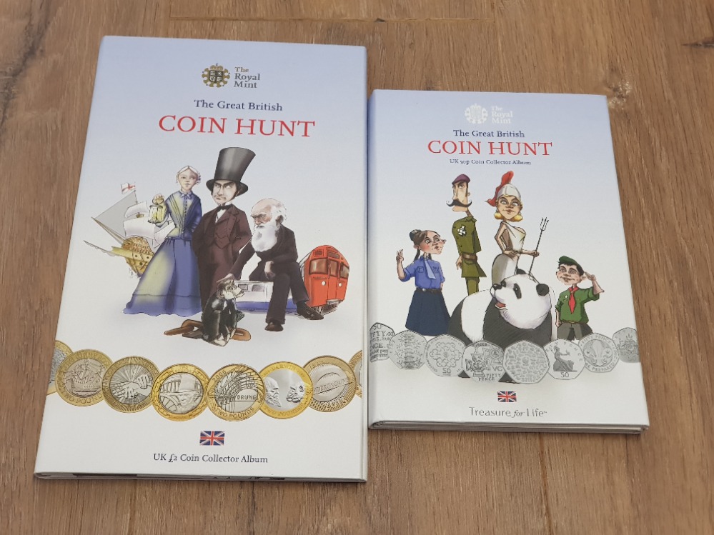 UK ROYAL MINT COIN HUNT COLLECTOR ALBUMS X2 FOR 50P COINS AND £2 COINS BOTH ALBUMS ARE EMPTY AND