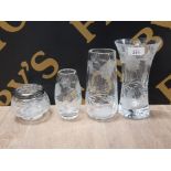 3 THOMAS WEBB ETCHED CRYSTAL VASES WITH MATCHING ETCHING PLUS A THOMAS WEBB ROSE BOWL 5INCH 7INCH