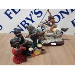 FIGURINE OF NATIVE AMERICAN ON HORSEBACK HUNTING BISON TOGETHER WITH 3 BLACK MUSICIAN FIGURES