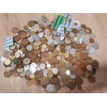 A TUB OF FOREIGN AND BRITISH PRE POST DECIMAL COINS