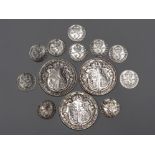 13 GEORGE V SILVER COINS DATED PRE 1920, INCLUDES THREE HALF CROWNS AND TEN 3D COINS