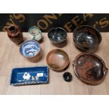 VARIOUS TENMOKU GLAZED BOWLS AND A VASE TOGETHER WITH ARGYLL POTTERY AND TWO SLIPWARE DISHES. 9