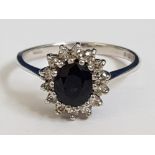 9CT WHITE GOLD DIAMOND AND SAPPHIRE CLUSTER RING, 1.7G SIZE I 1/2
