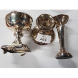 WEIGHTED SILVER BUD VASE AND CANDLESTICK AND AN UNDEDICATED TROPHY DISH BY ALEX CLARK CO LTD 1972