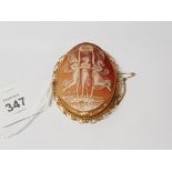 A 9CT YELLOW GOLD CAMEO BROOCH DEPICTING THE THREE GRACES STAMPED 9CT 7CM LONG 21.2G GROSS