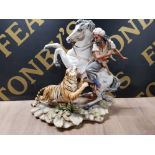 LARGE CAPODIMONTE MARRIANI FIGURE TIGER AND HORSEMAN, HEIGHT 35CM DAMAGE TO HAND