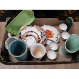 BOX OF MISCELLANEOUS POTTERY AND PORCELAIN INCLUDING CROWN DUCAL, ARTHUR WOOD, PART TEA SET ETC