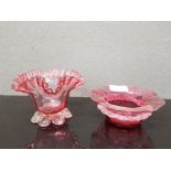 TWO VICTORIAN CRANBERRY GLASS SHAPED DISHES TALLEST 9CM HIGH