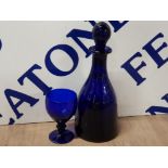 ANTIQUE HAND MADE MOUTH BLOWN BRISTOL BLUE DECANTER TOGETHER WITH A BRISTOL BLUE DOUBLE KNOP WINE