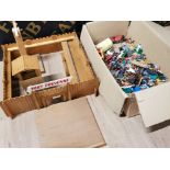 BOX OF VINTAGE COWBOYS AND INDIANS TOY SOLIDERS WITH HORSES AND KART AND LARGE WOODEN FORT, NA