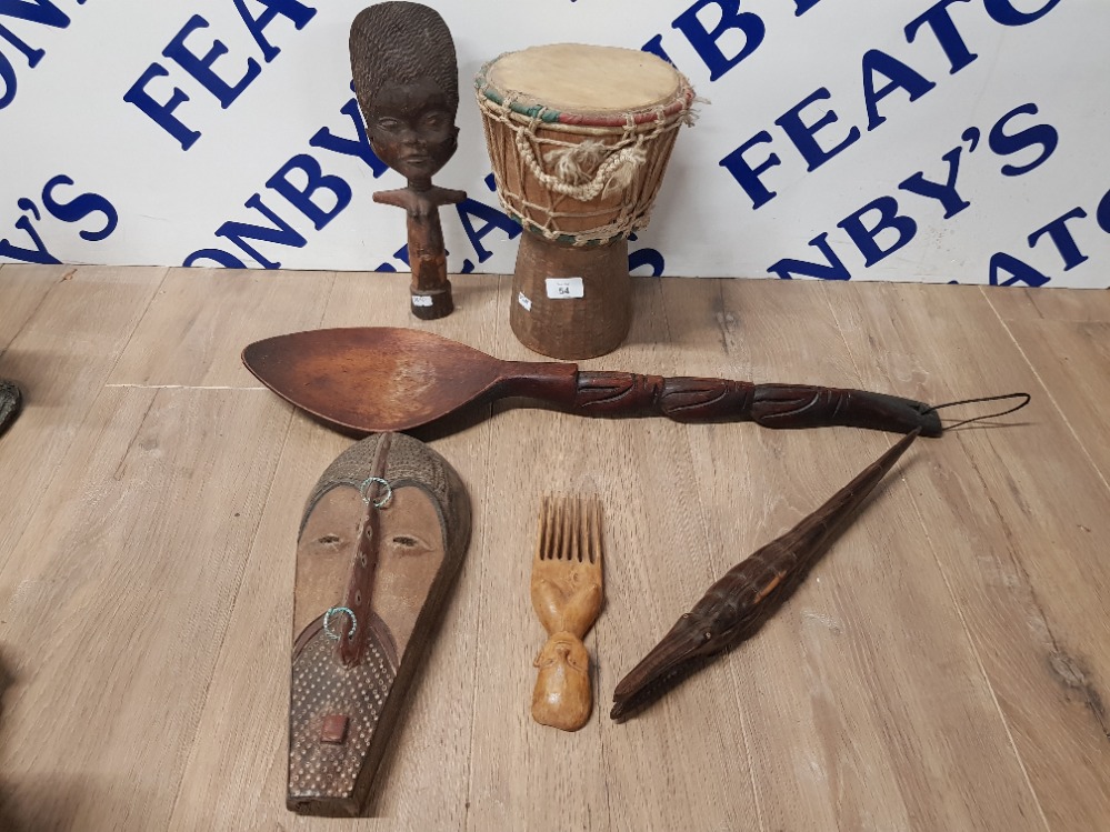 BONGO DRUM AND ASHANTI DOLL CARVED WOODEN CROCODILE ETC