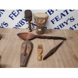 BONGO DRUM AND ASHANTI DOLL CARVED WOODEN CROCODILE ETC