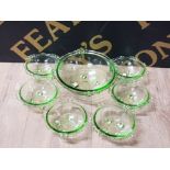 7 PIECE ART DECO GREEN GLASS BOWL SET COMPRISING OF 1 LARGE AND 6 SMALL