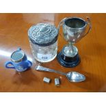 A TWO HANDLED SILVER TROPHY CUP FOR CHASE LAWN TENNIS CLUB 1930 A SILVER MOUNTED HAIR TIDY