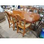 LARGE YEW WOOD TWIN PEDESTAL DINING TABLE AND FOUR MATCHING SHIELD BACK CHAIRS