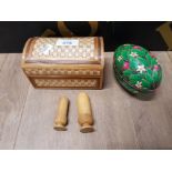 TWO TREEN NEEDLE HOLDERS AN EGG SHAPED TRINKET AND WOODEN AND WOVEN BOX AND COVER