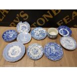 19TH CENTURY BLUE AND WHITE TRANSFER PRINTED TEA PLATES SAUCERS AND SUGAR BOWL BY CAULDON WEDGWOOD