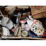BOX OF MISCELLANEOUS ITEMS INCLUDES GNOME FOOTBALLER, SEWING BASKET, BENCH CORKSCREW SET ETC