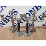 PAIR OF 3 BRANCH SILVER PLATED CANDELABRAS AND PAIR OF OAK AND CHROME BARLEY TWIST CANDLESTICKS