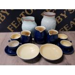 JOB LOT OF DENBY STONEWARE INCLUDES 11 PIECES OF MIDNIGHT BLUE DINNERWARE AND LARGE GREEN VASE AND