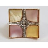 14CT YELLOW GOLD SQUARE ENAMEL AND DIAMOND MOTHER OF PEARL RING, 6.3G SIZE O