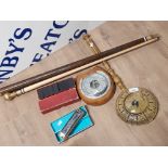 ORNATE CARVED COLLAPSIBLE SNOOKER CUE WITH BRASS TRIM TOGETHER WITH HORSESHOE BAROMETER AND A MODERN