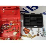 RED CASH BOX PLUS KEY WITH ASSORTED MEDALS AND RIBBONS