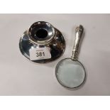 ASPREY OF LONDON INKWELL(MISSING LID AND LINER) TOGETHER WITH A SILVER HANDLED MAGNIFYING GLASS