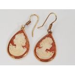 9CT YELLOW GOLD CAMEO DROP EARRINGS, 5.7G