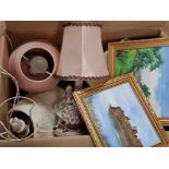 BOX OF MISCELLANEOUS TABLE LAMPS, SOME WITH FIGURED BASES, ALSO INCLUDES FRAMED PAINTINGS