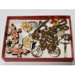 BOX CONTAINING ROSARY BEADS, ENAMEL BADGES AND RELIGIOUS PENDANTS ETC