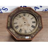 A 19TH CENTURY MAHOGANY AND BRASS INLAY OCTAGONAL WALL CLOCK CASE WITH ROMAN DIAL 43.5CM DIAMETER