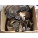 BOX OF ASSORTED E.P.N.S AND SILVER PLATED PIECES PLUS GLASS BOTTLES WITH STOPPERS